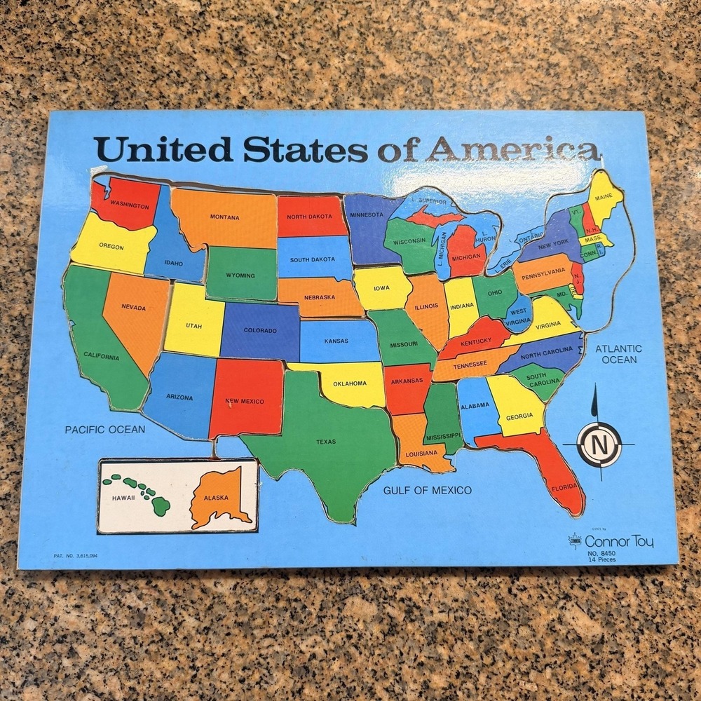 Vintage 1971 Connor Toy United States Map Wood Tray Puzzle 14 Piece Multicolor‎